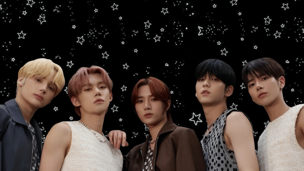 five men posing together against a starry black background during a promotional photoshoot