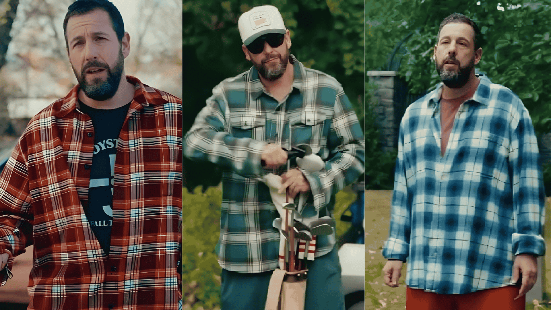 Three oversized flannel shirts in red, green, and blue plaid patterns