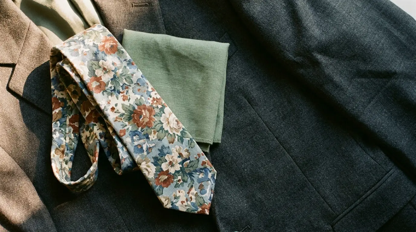 Floral tie and green pocket square on dark suits under soft lighting
