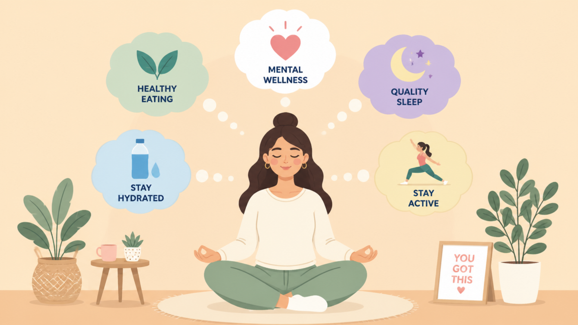 woman meditating and surrounded by thought bubbles showing healthy eating hydration sleep and self care tips.