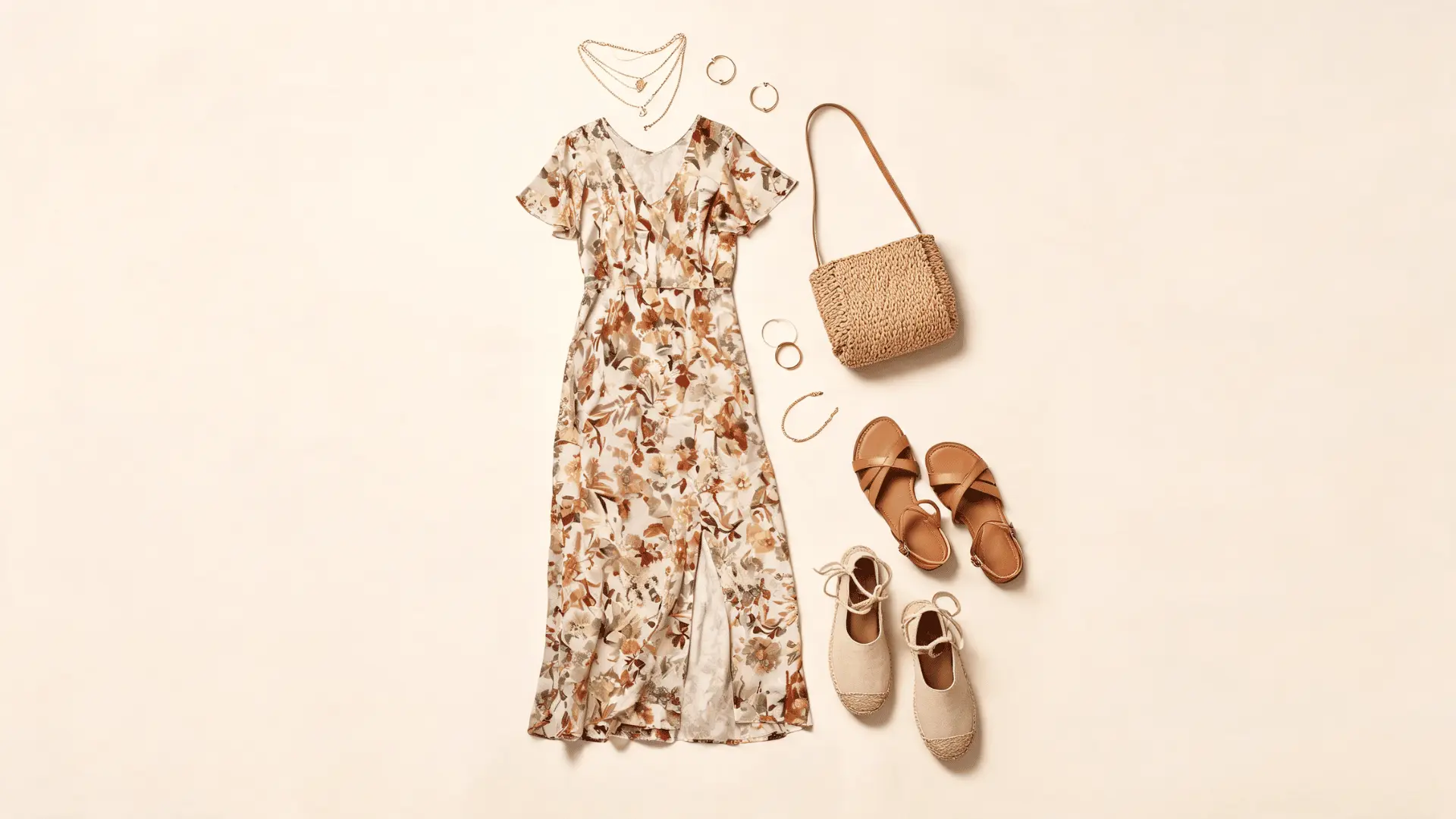 flowy floral maxi dress flat tan sandals espadrilles layered necklaces and woven bag in a flat lay outfit board
