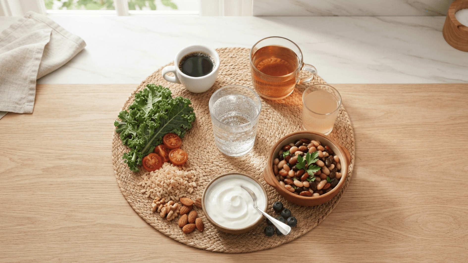 overhead view of kidney-friendly foods including beans, yogurt, kale, brown rice, tomatoes, almonds, walnuts, blueberries, water, tea, and coffee on a wooden table