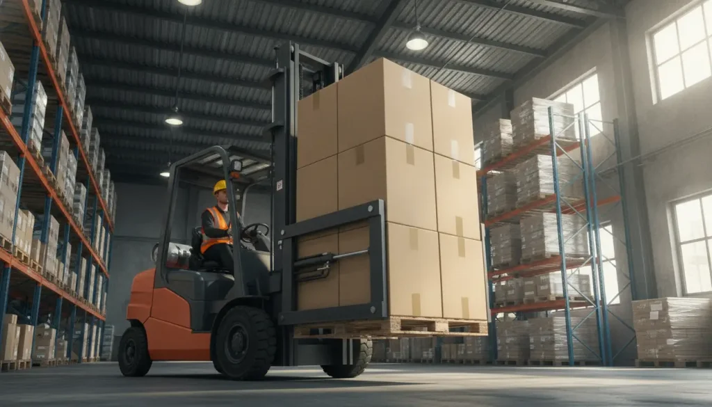 Forklift operator moving stacked cardboard boxes in spacious industrial warehouse with high shelves