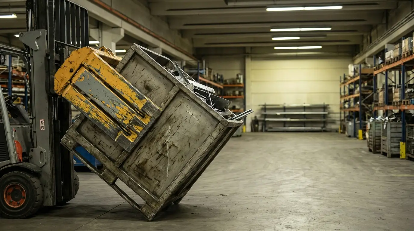 Forklift handling large metal container in spacious warehouse with industrial shelving and concrete flooring