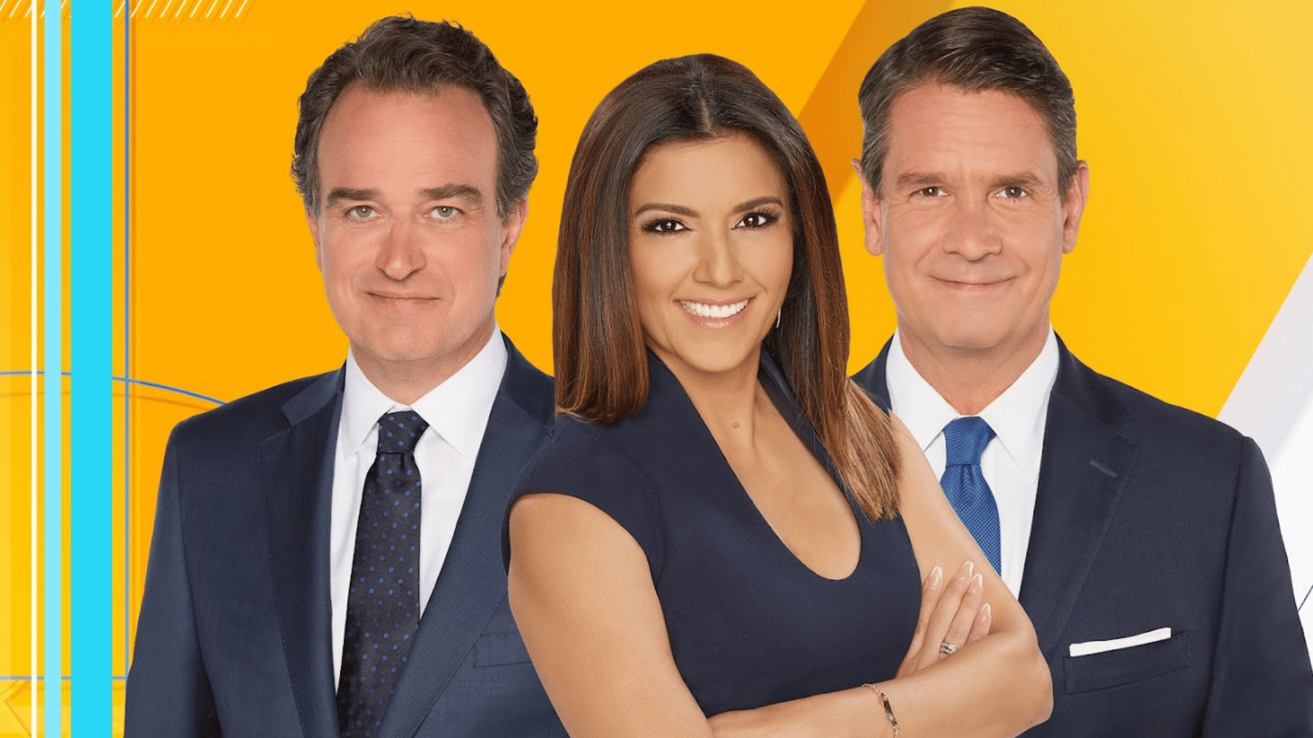 rachel campos-duffy, charles hurt, and griff jenkins posing against a bright yellow studio background