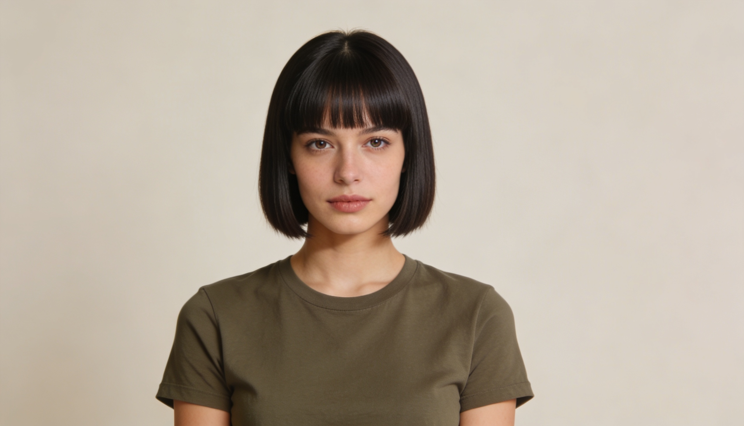 classic French bob and blunt straight bangs softening the forehead and framing a heart-shaped face beautifully.