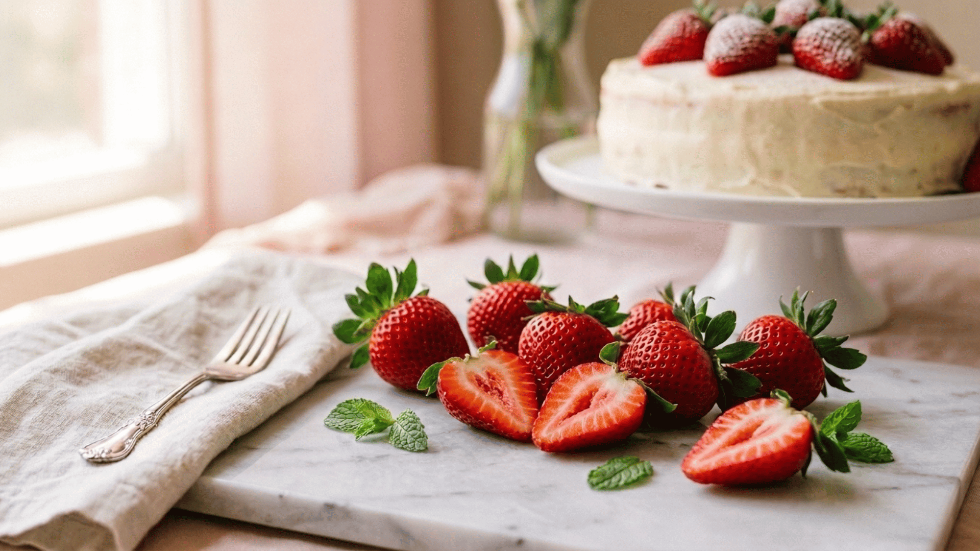 fresh strawberries beside a homemade strawberry cake