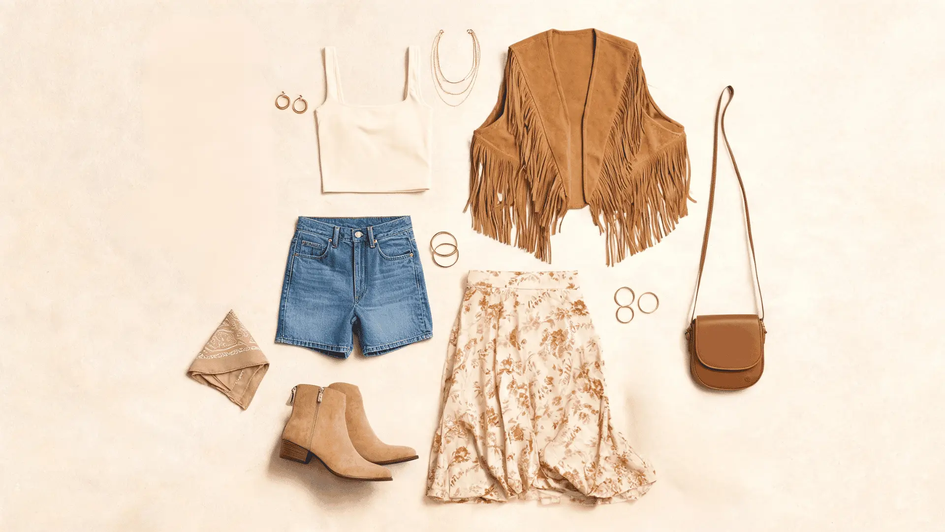 cream bodysuit fringe vest denim shorts flowy skirt ankle boots and crossbody bag in a flat lay outfit board