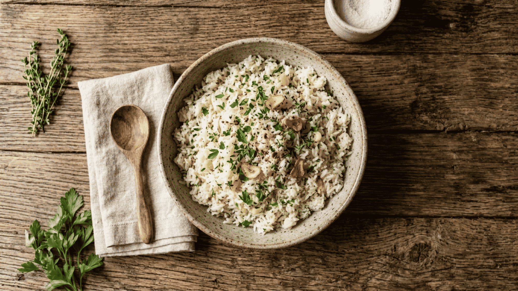 garlic herb jasmine rice in rustic bowl with herbs