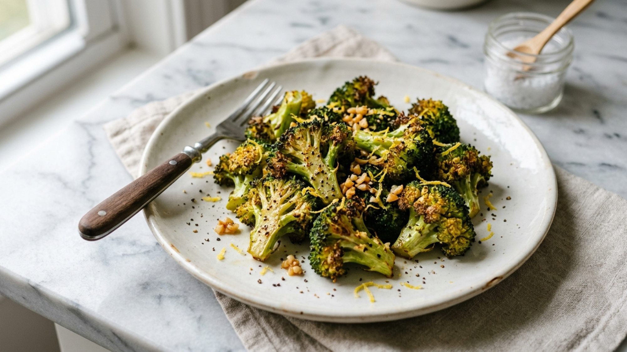 crispy garlic roasted broccoli with lemon