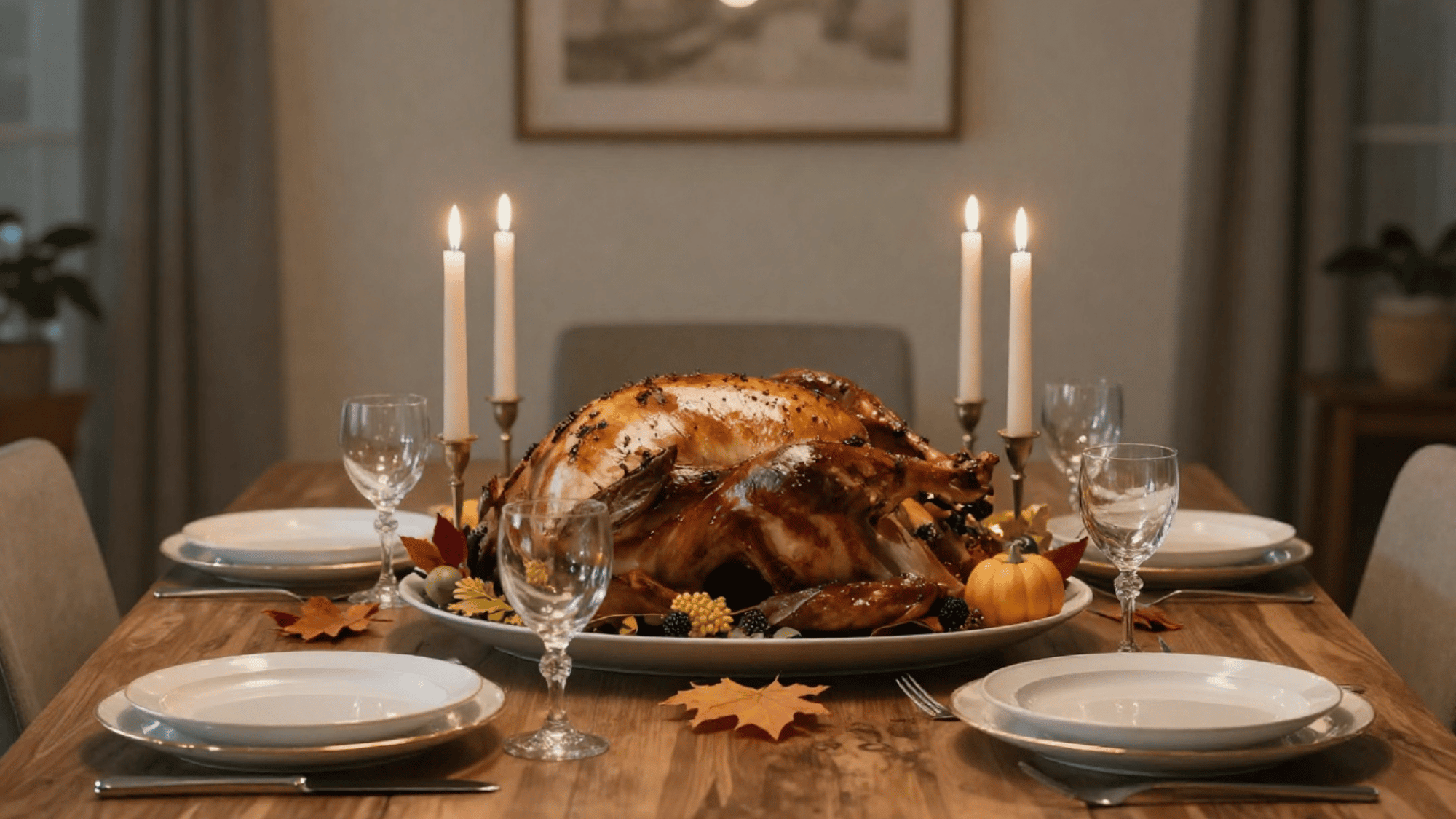 gathering around thanksgiving table with turkey and warm autumn decorations