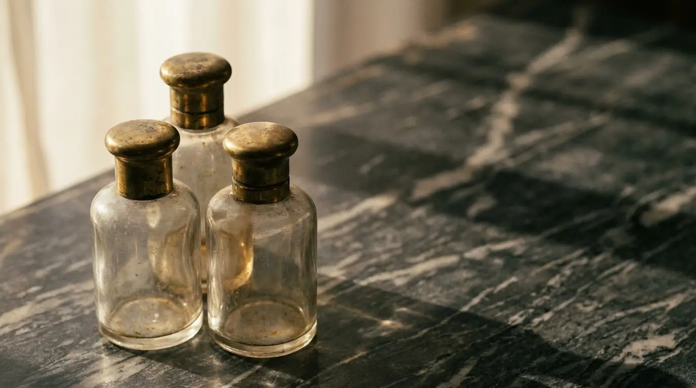 Three vintage glass bottles with brass lids on marble surface in soft light