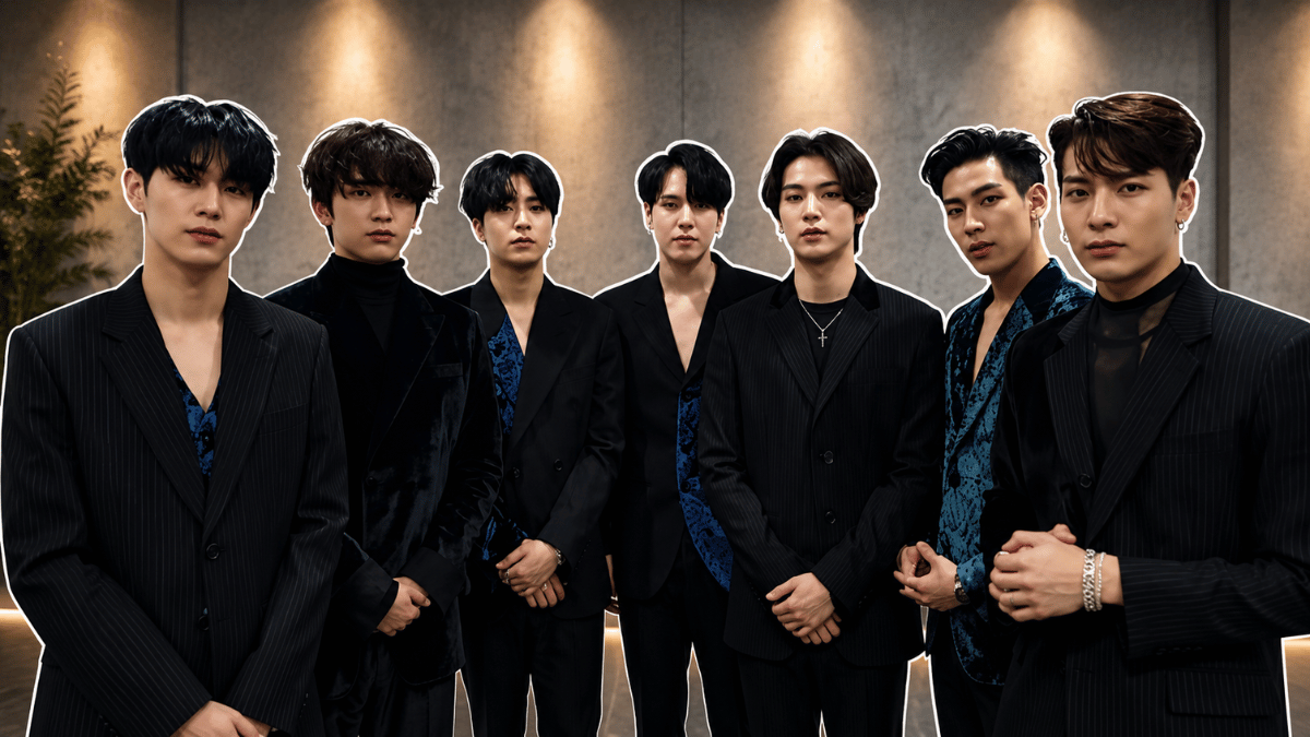 GOT7 members posing in formal outfits at a modern studio