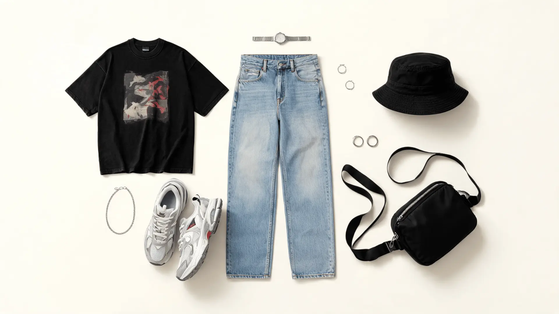 oversized graphic tee baggy jeans chunky sneakers bucket hat and crossbody bag in a flat lay outfit board