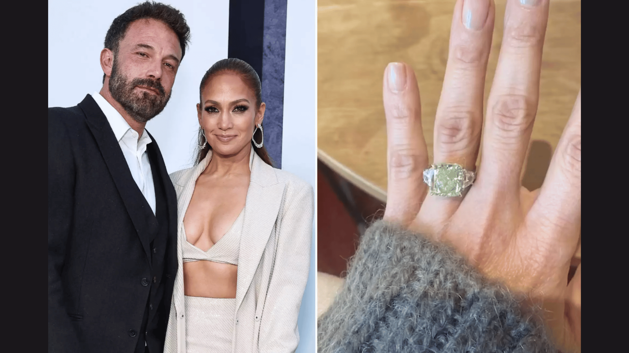 celebrity couple portrait paired with a close-up of a rare green diamond engagement ring
