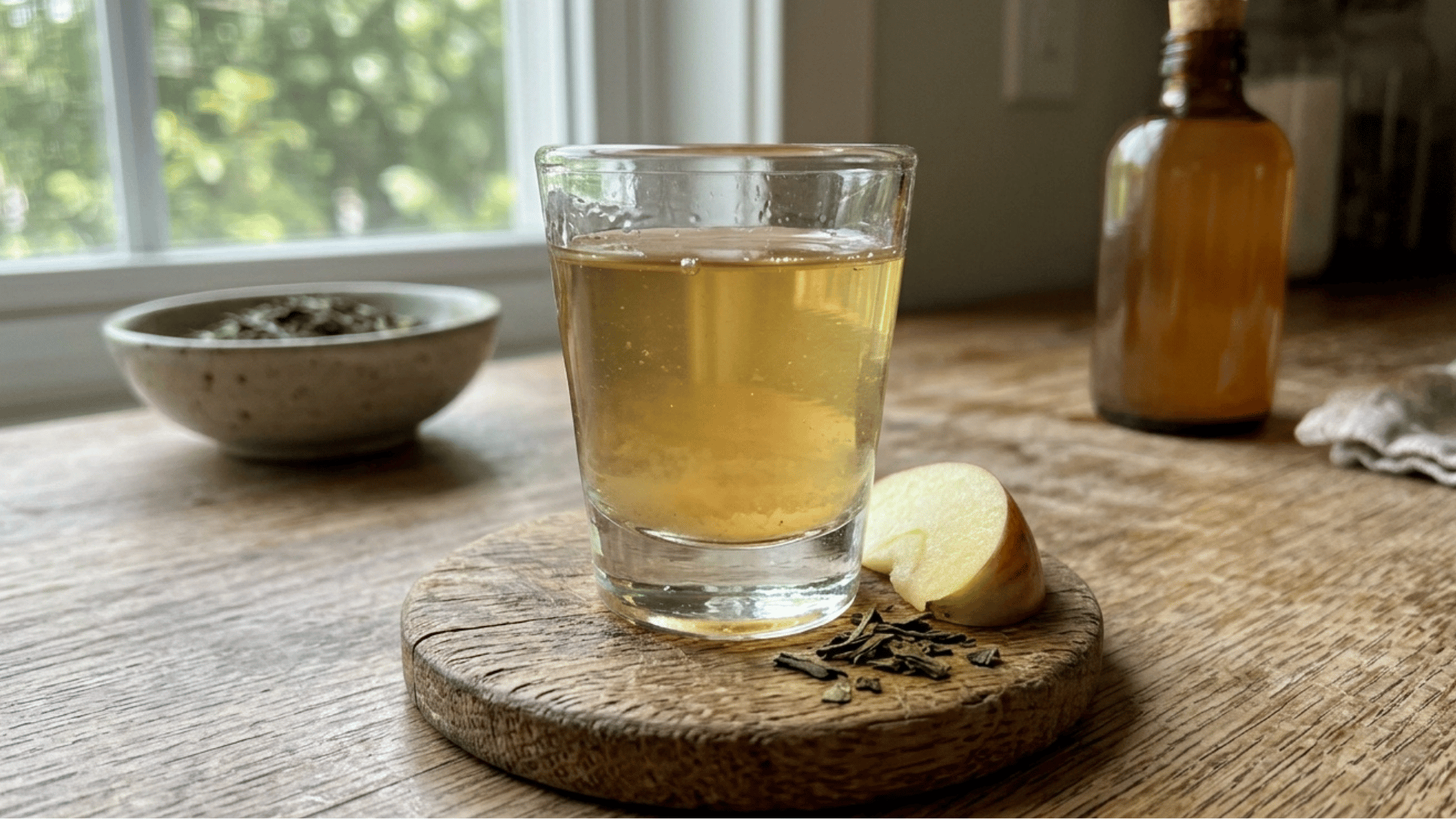 a small glass of green tea and apple cider vinegar shot with apple slice and loose tea leaves