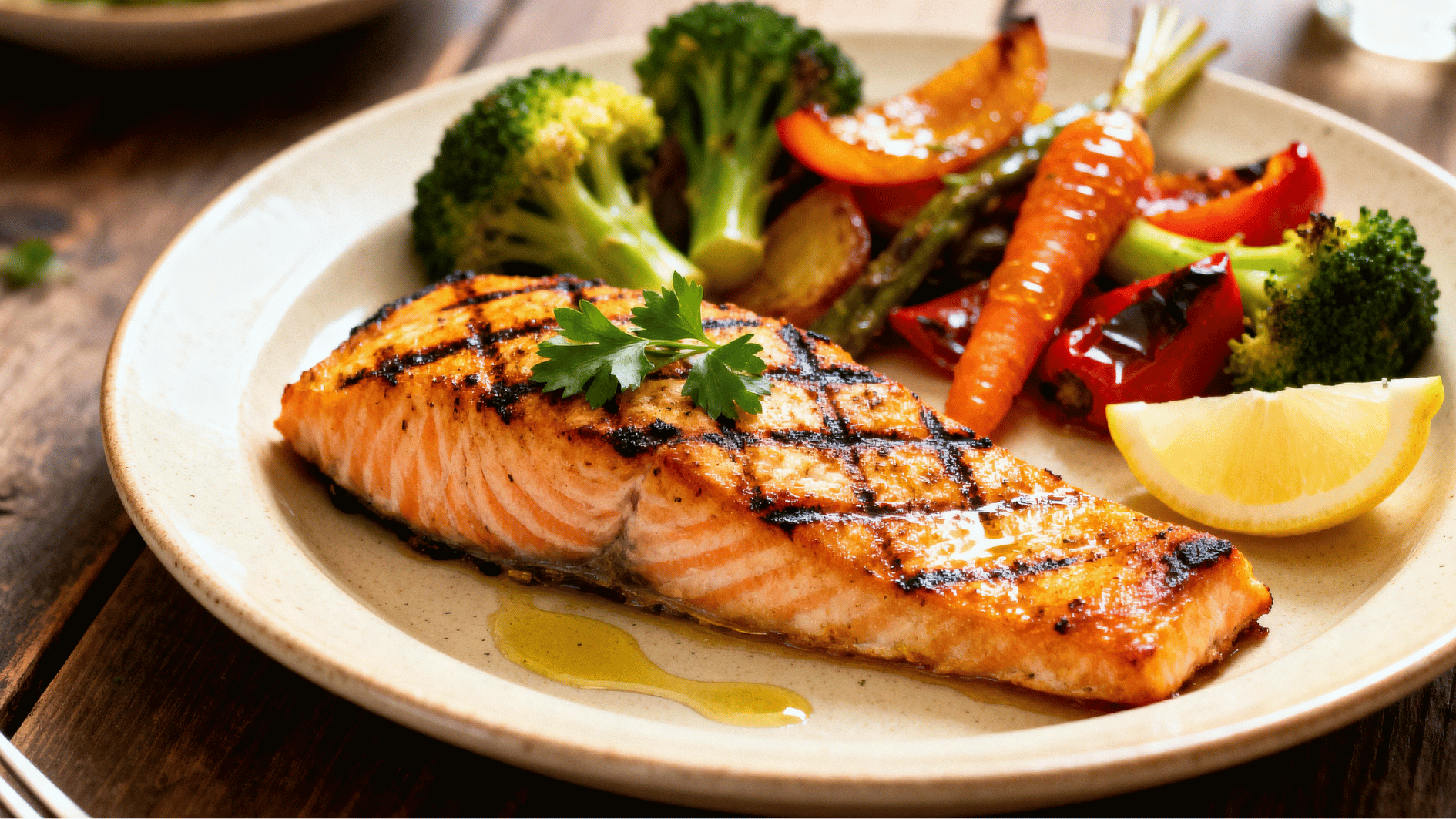 grilled salmon fillet with roasted vegetables lemon slices and herbs served on a plate as a healthy homemade meal
