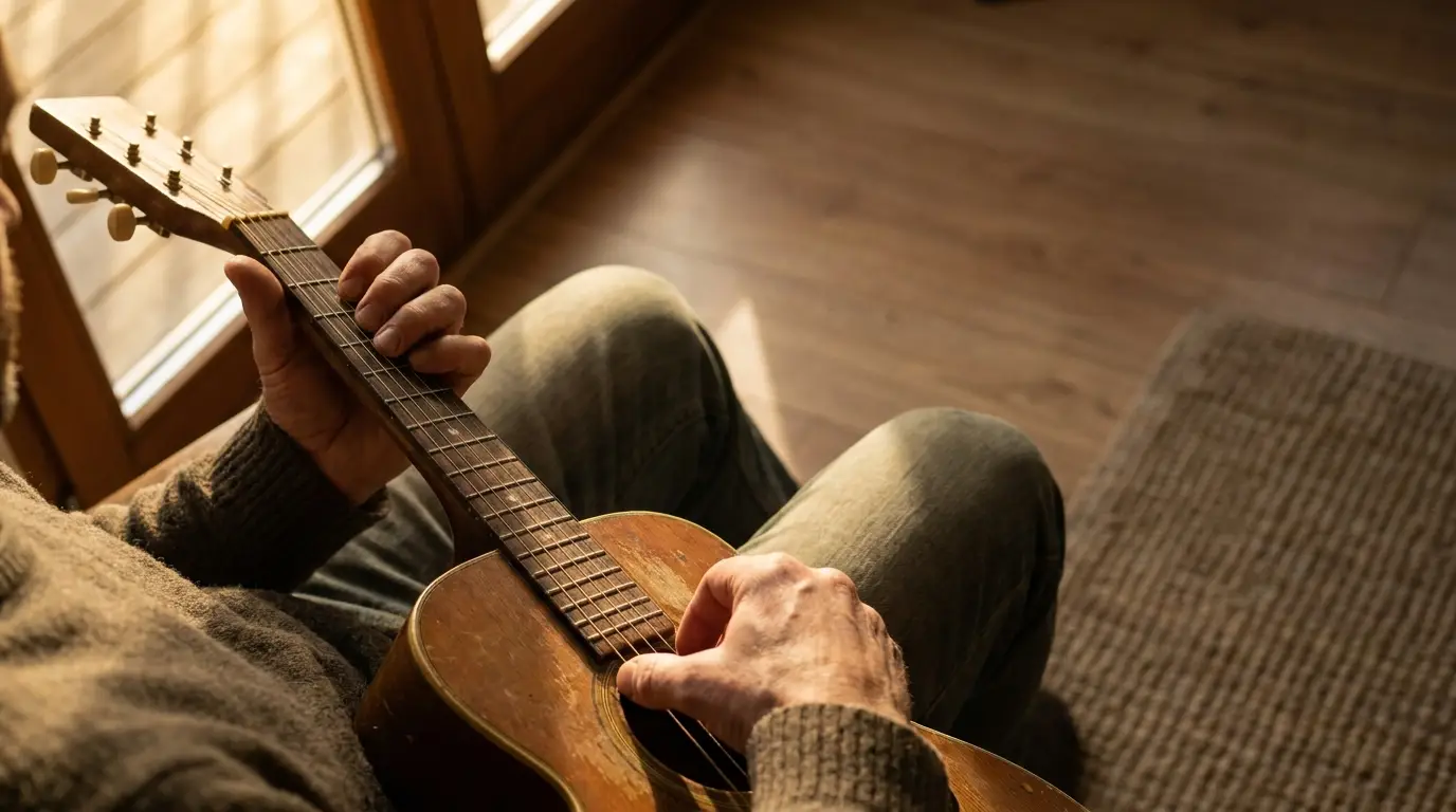 Hands playing acoustic guitar in cozy room with warm natural light