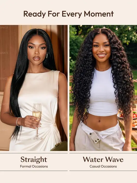 Two women with different hairstyles; one with straight hair, the other with curly hair, in formal and casual settings