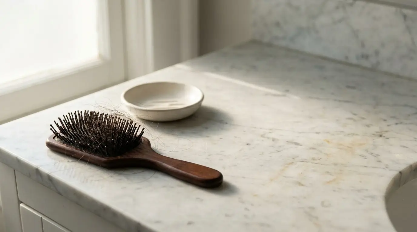 Wooden hairbrush with loose hair on marble bathroom counter in soft natural light