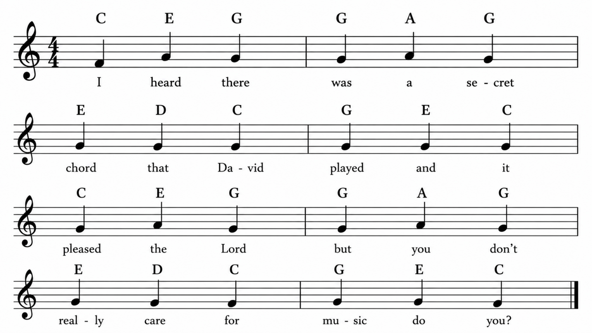 Beginner piano sheet music showing simplified notation, note letters above each note, and lyrics below the staff.