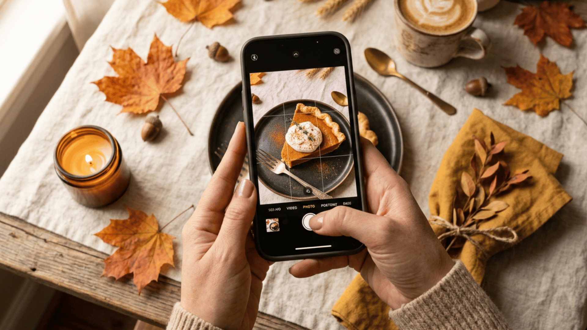 hands holding a phone to photograph pumpkin pie on an autumn table with coffee candle pumpkins leaves and acorns