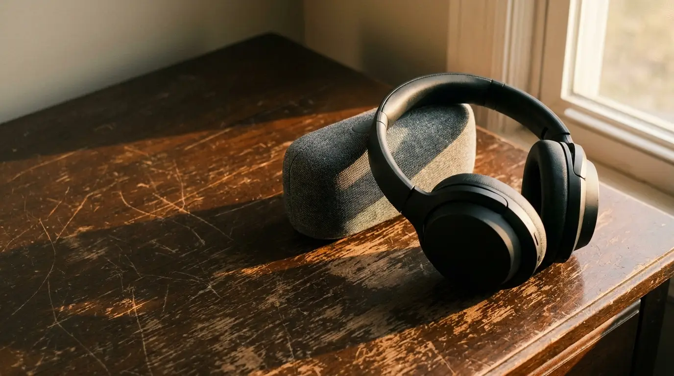 Black headphones and gray speaker on scratched wooden desk in warm daylight