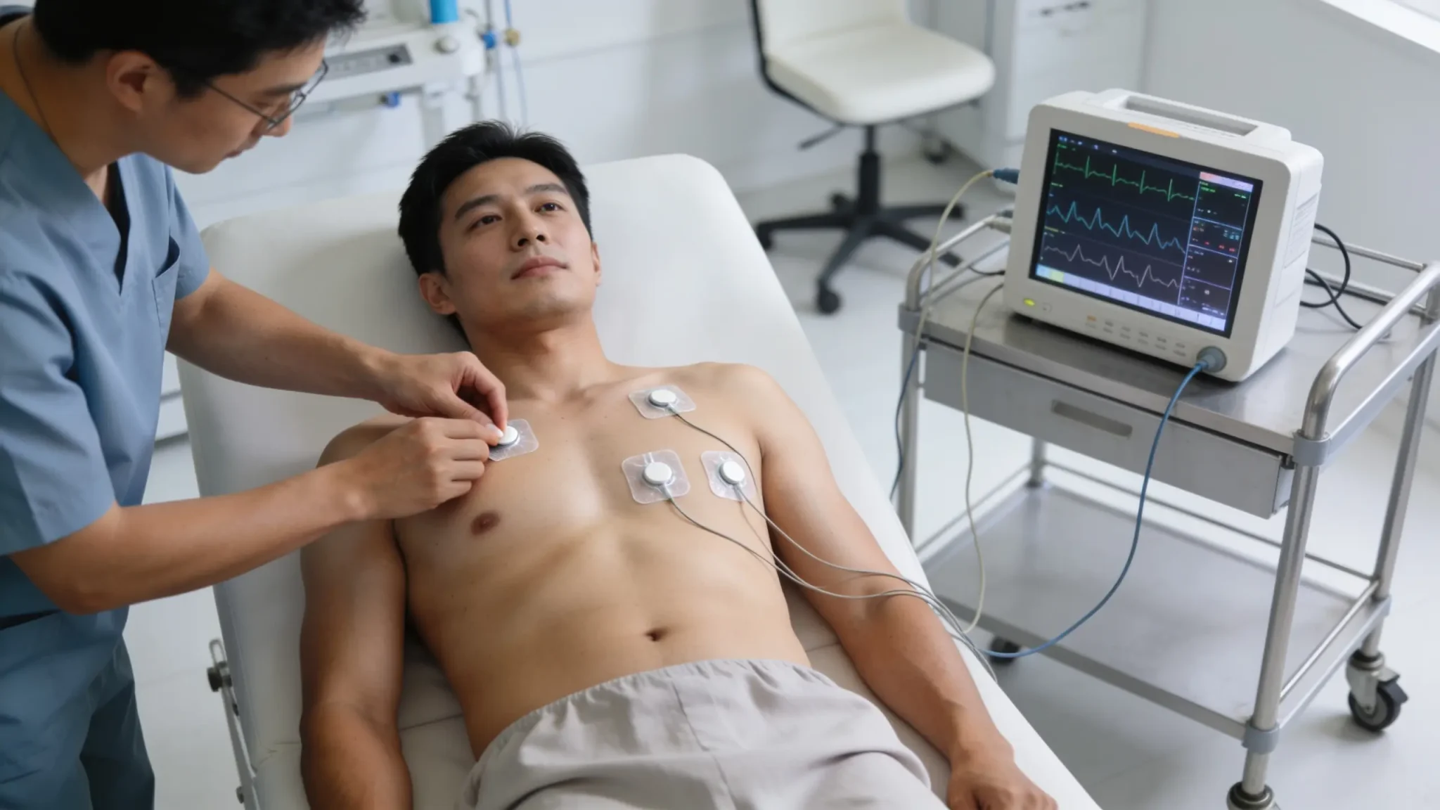 Healthcare professional attaching ECG electrodes to a patient’s chest during a cardiac stress test examination (2)