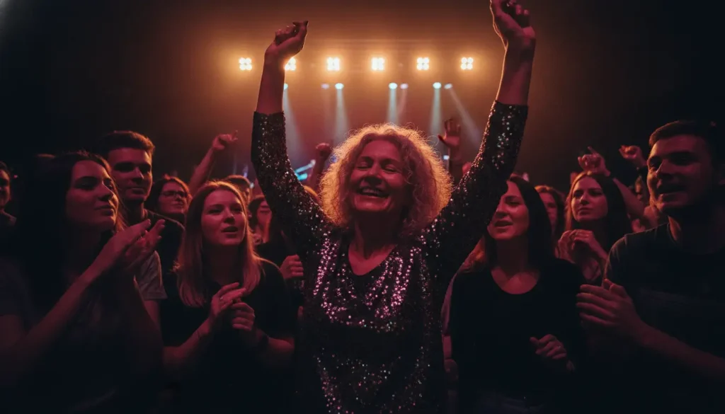 Crowd enjoying a concert with woman in sequined top raising arms under stage lights