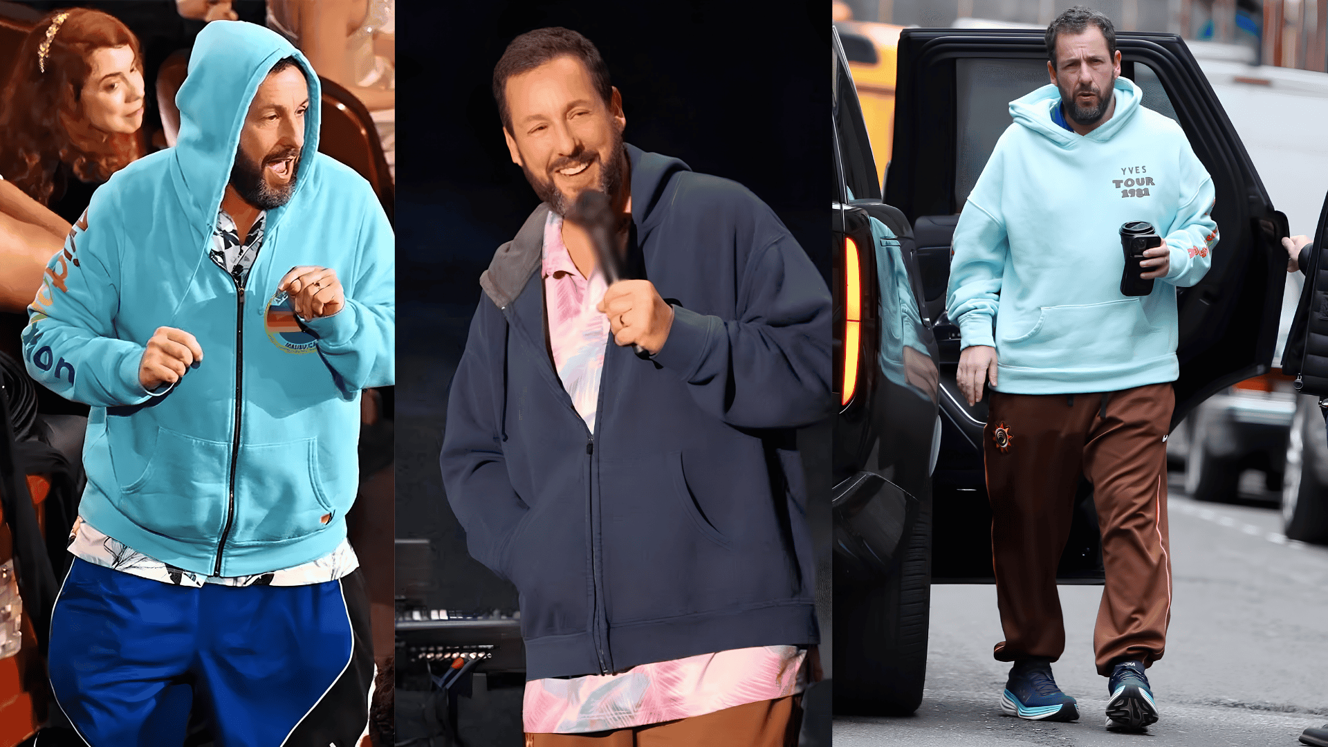 Three hoodie and zip-up outfits in bright blue, navy, and light blue