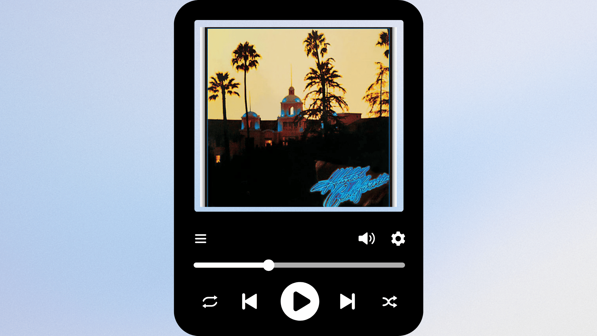 Eagles Hotel California album cover with the iconic Beverly Hills hotel image.