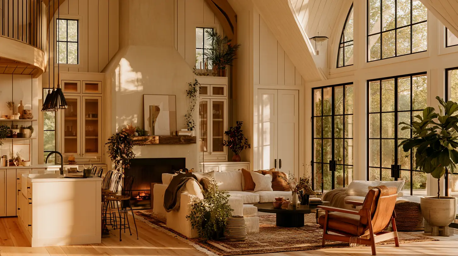 Open living room with beige sofa, leather chair, large windows, and indoor plants in warm lighting
