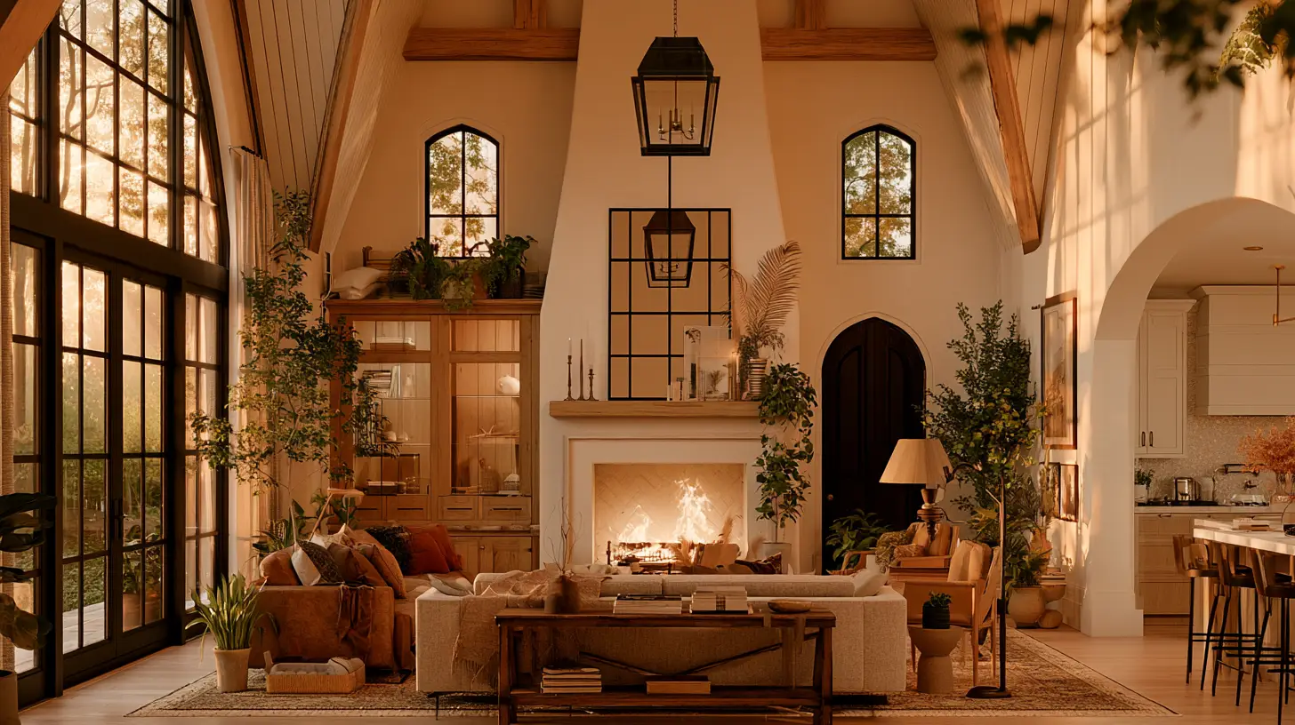 Cozy living room with a lit fireplace, wooden beams, and natural light through large windows