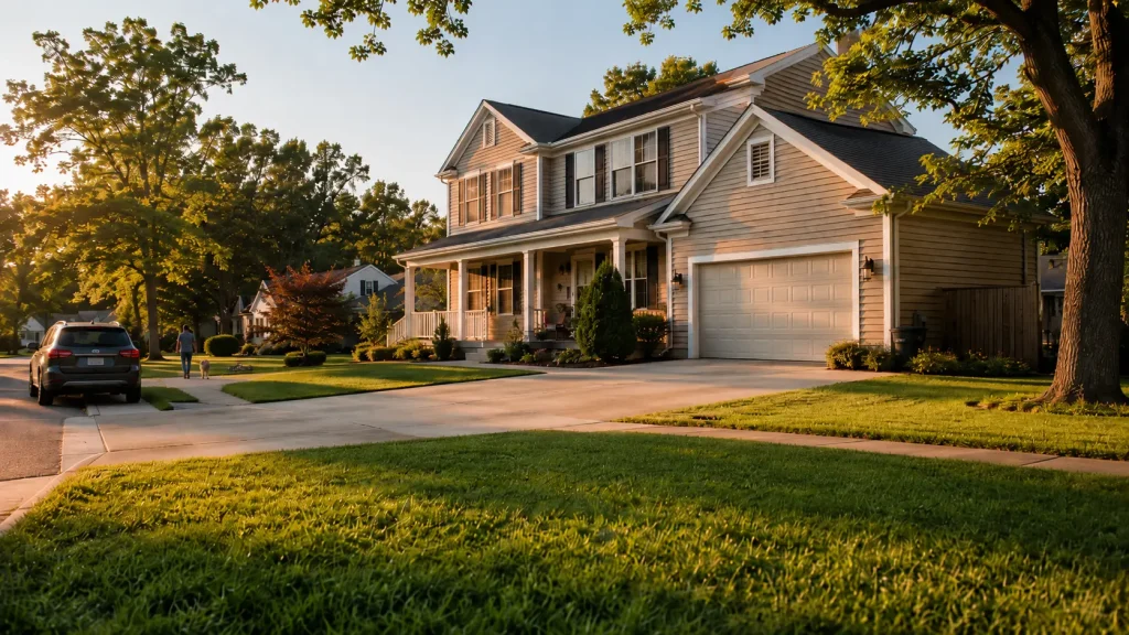 Suburban house with manicured lawn and parked car on driveway in warm evening light