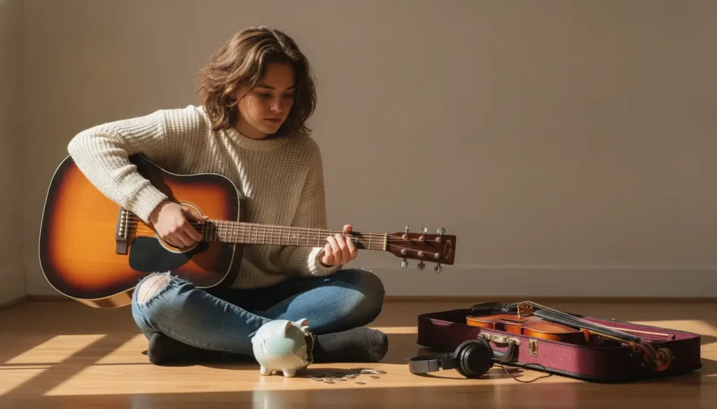 Young woman playing acoustic guitar seated on wooden floor beside a violin case and headphones