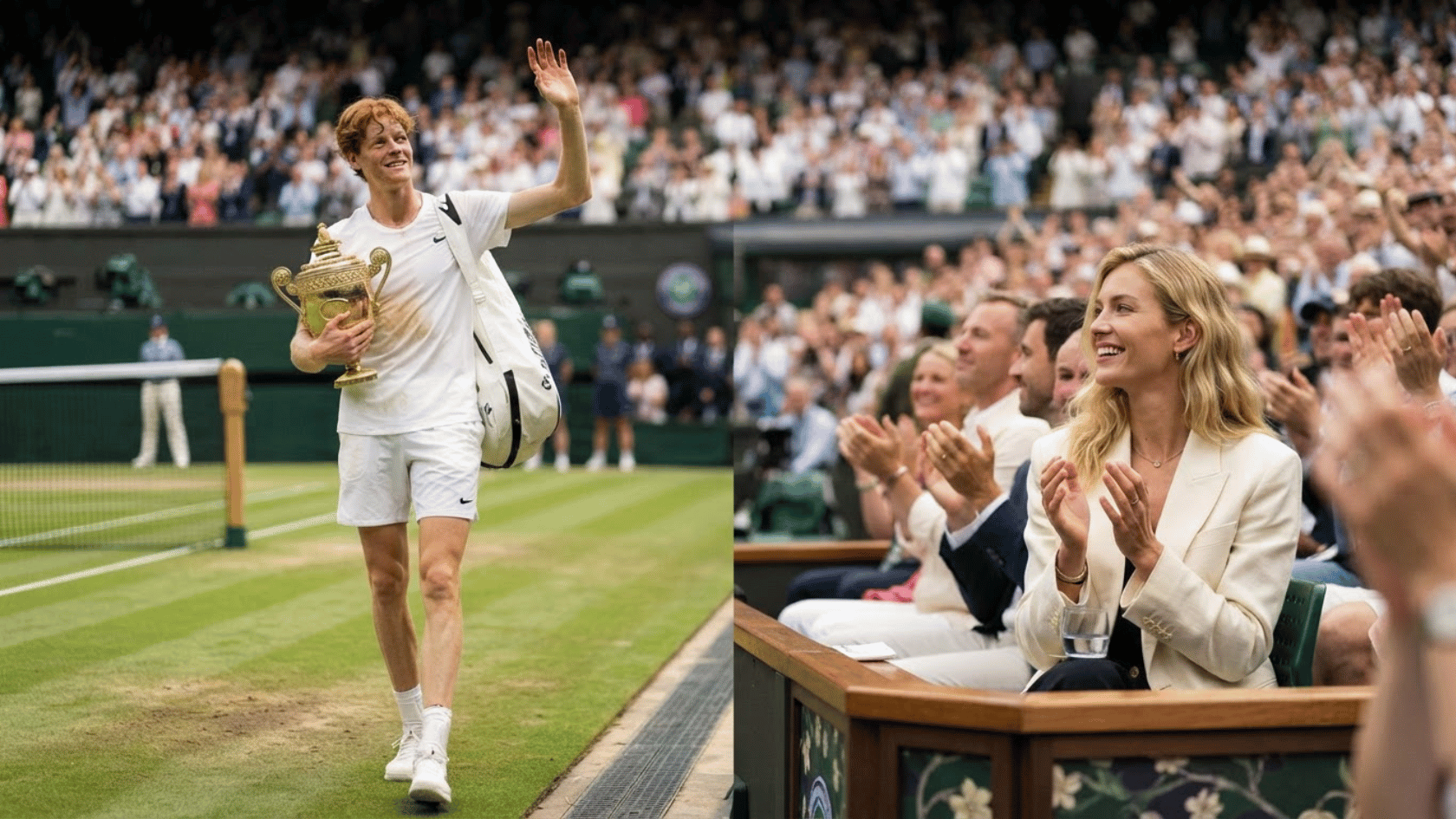jannik sinner acknowledges supporters while a woman watches from the player box at a tennis tournament