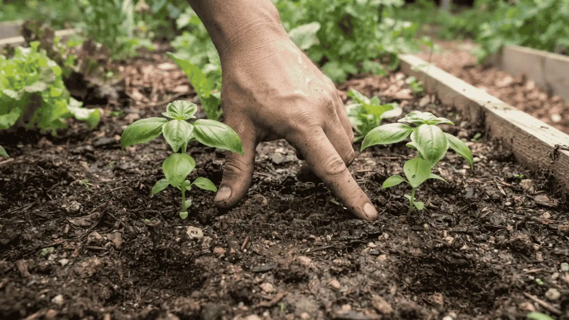 gardening hand measuring the space between two young basil seedlings in a garden bed
