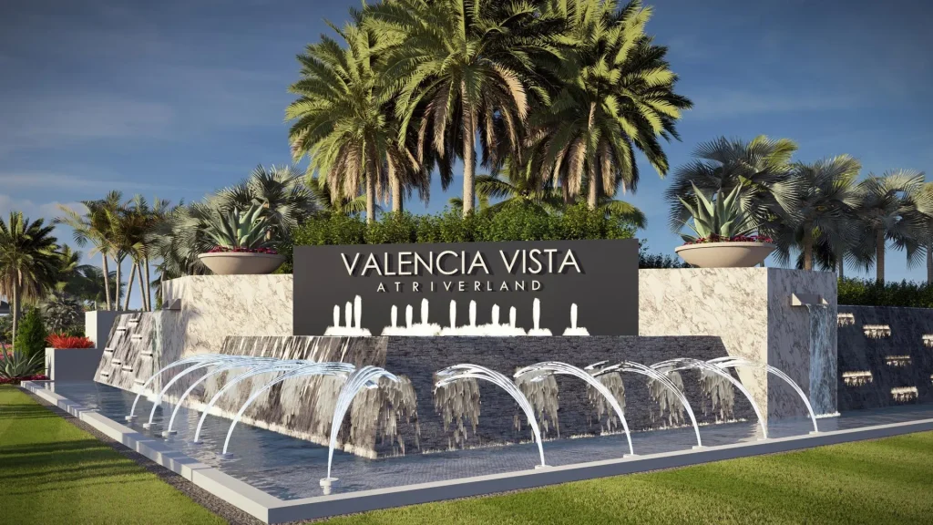 Outdoor complex with marble walls, palm trees, and cascading fountains under clear blue sky