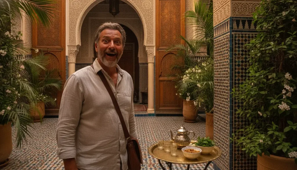 Man smiling in ornate courtyard with Moroccan decor and tea set on tray