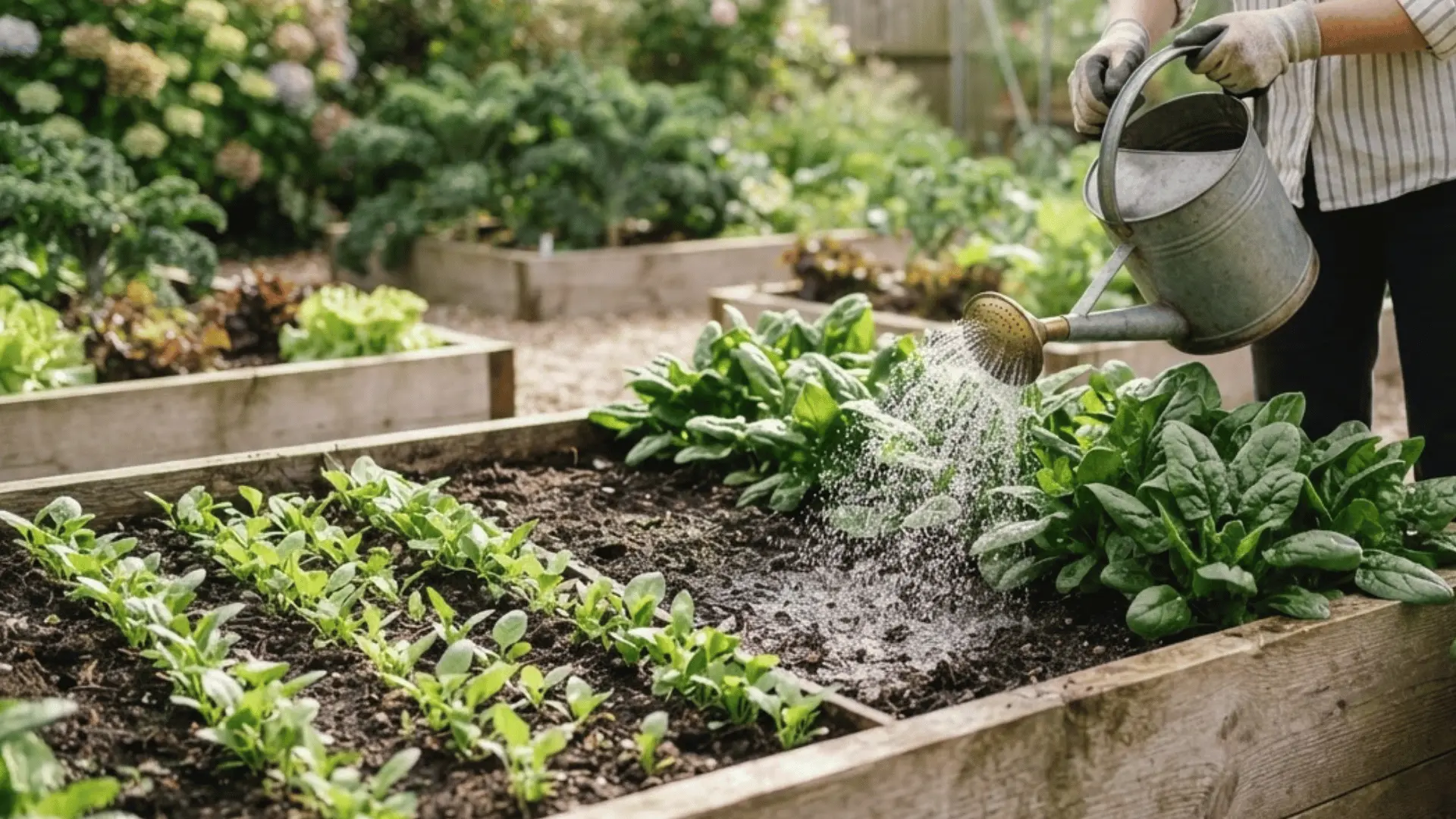 gardener gently watering spinach seedlings and mature plants in a raised garden bed