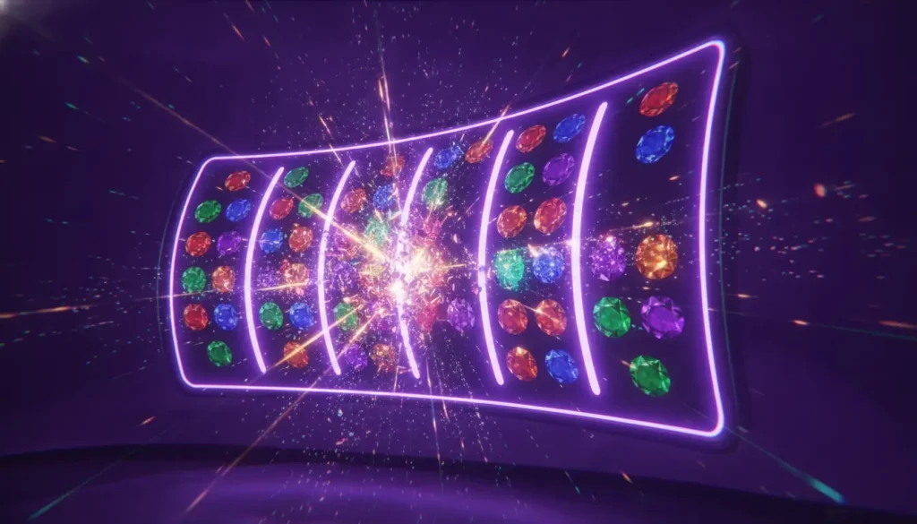 Colorful digital slot machine with sparkling jewel symbols and vibrant purple glow