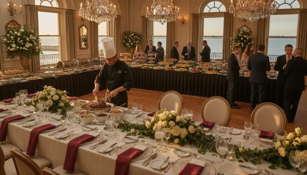 Chef carving meat at elegantly set table in opulent dining room with chandeliers