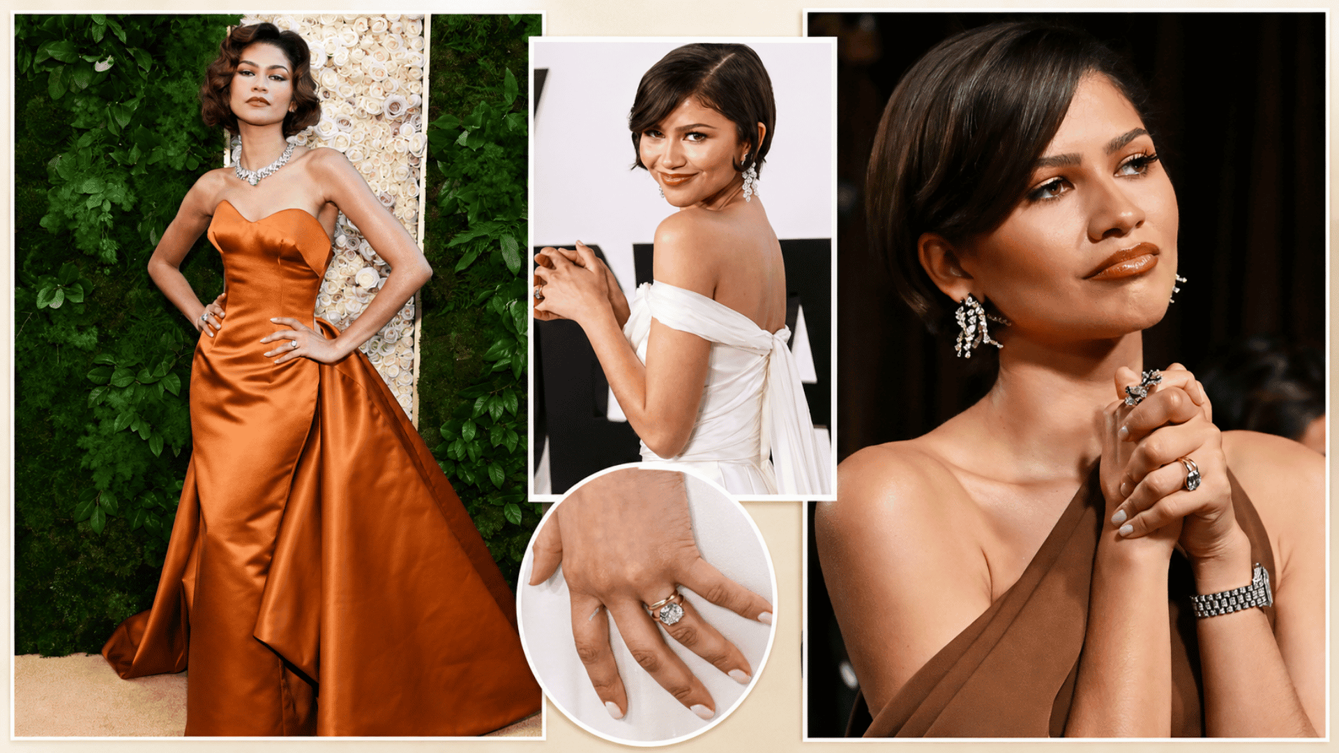 collage of a zendaya in orange, white, and brown gowns wearing diamond jewelry
