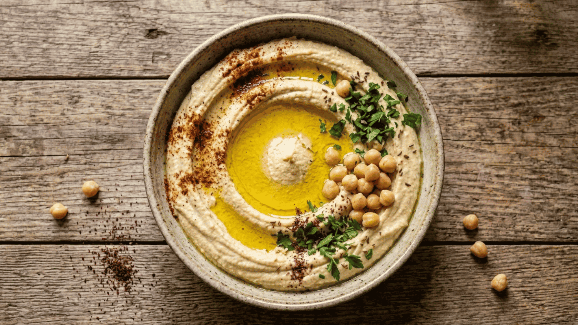 hummus topped with golden olive oil