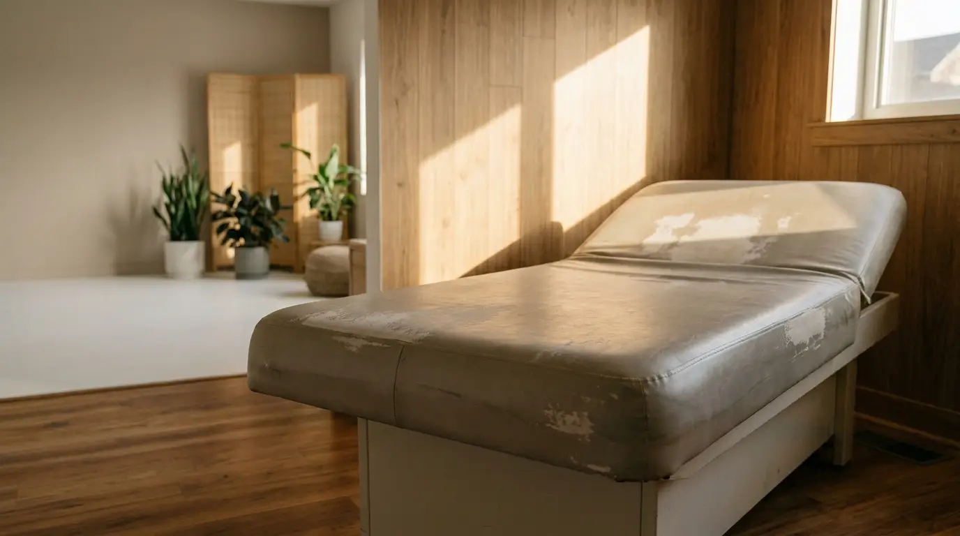 Massage table in sunlit room with wooden floors and potted plants