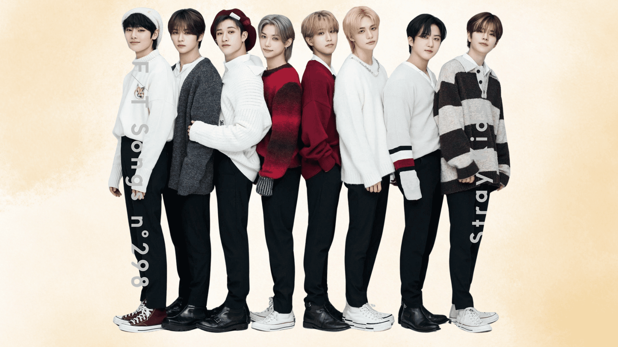 Stray Kids members standing together in winter-style outfits against a soft beige background