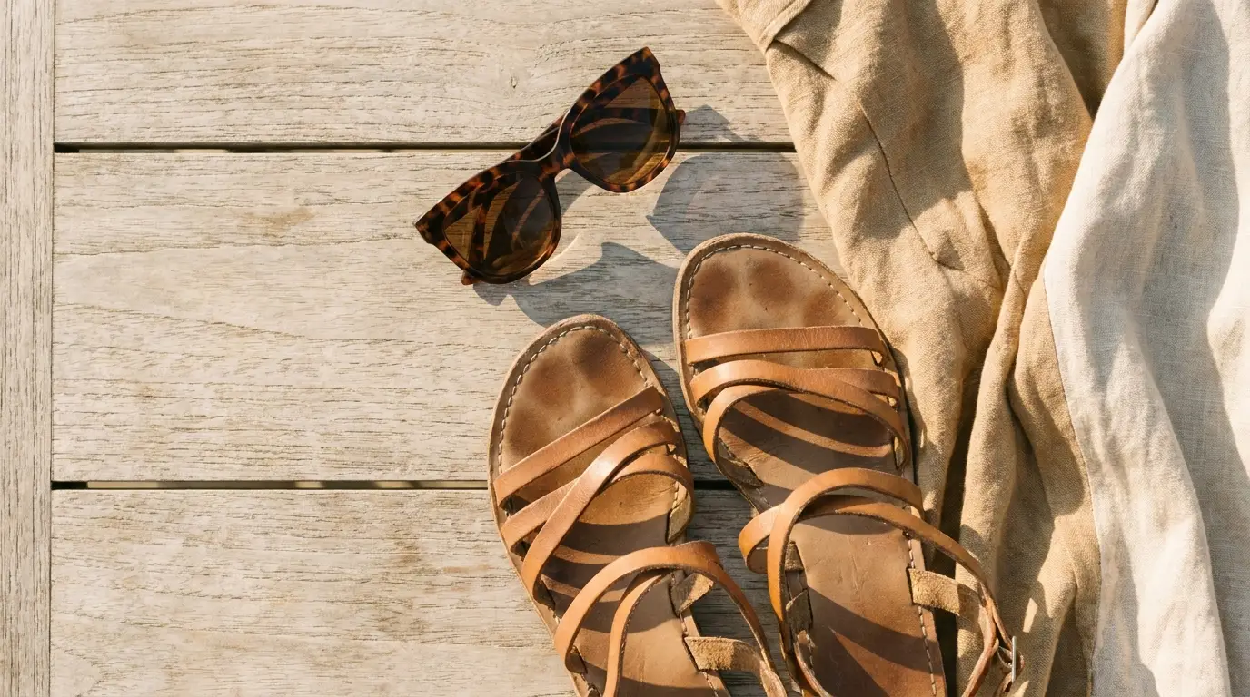 Brown sandals and tortoiseshell sunglasses on wooden surface with beige linen cloth