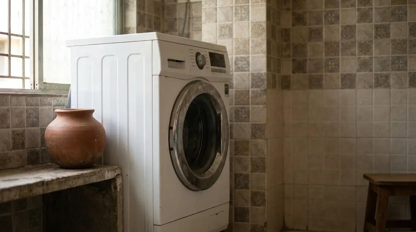 White washing machine with ceramic pot on ledge in tiled laundry room