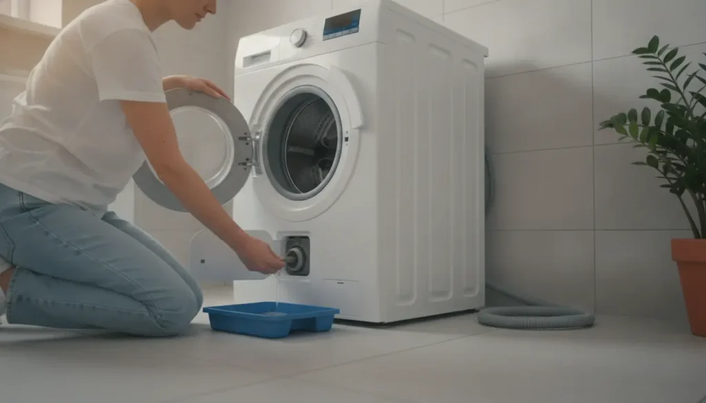Person cleaning front-loading washing machine filter in a modern laundry room