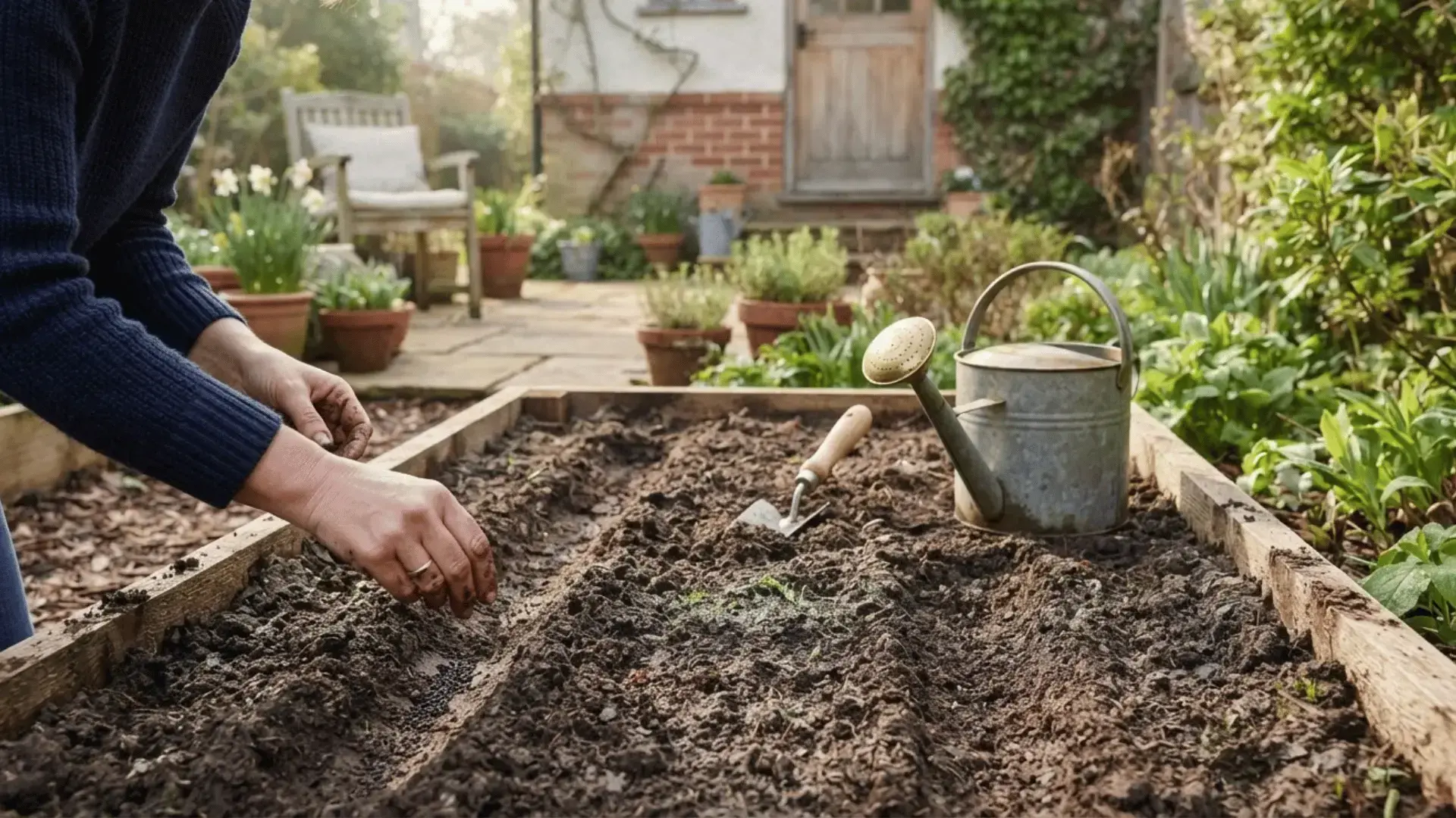 gardener checking cool spring weather before planting spinach seeds in a prepared garden bed